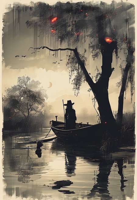 linquivera,  Ink illustration, (anime:0.5), brown tones, aged black red paper, inkpunk, moonlight,surreal, a ghost standing on a boat in swampy wetlands, (at a distance), Will-o'-the-wisp, moonlit, lonely, solitude, windy, tall trees, willows, willowy,  OverallDetail, extremely detailed, UHD,(long exposure , dystopian but extremely beautiful:1.4), dark elf, sad, pensive, beautiful, 1girl, facing the camera, cowboy shot, <lora:- SDXL - letitflrsh_let_it_flourish_V1.0:0.8> ,<lora:Cute_Collectible:1>, <lora:XL_boss_battle:0.6>  <lora:add-detail-xl:1>,  <lora:Concept Art Twilight Style SDXL_LoRA_Pony Diffusion V6 XL:1>,  <lora:MJ52:1>