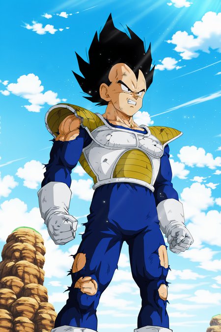 anime screencap, masterpiece, best quality, amazing quality, very aesthetic, absurdres,  newest, (scenery, volumetric lighting), official style, 
vegeta, solo, black hair, gloves, 1boy, male focus, boots, outdoors, sky, teeth, day, cloud, white gloves, armor, black eyes, torn clothes, spiked hair, clenched teeth, rock, saiyan armor, arms at sides, blue bodysuit, damaged armor, looking at another, clenched hands, torn bodysuit, v-shaped eyebrows, white footwear, dappled sunlight, light particles, 
 <lora:Vegeta_IL:0.8>