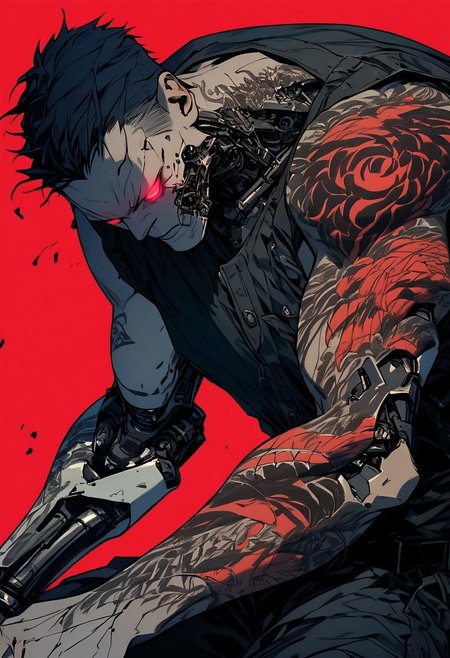 score_9, score_8_up, score_7_up, score_6_up, score_5_up, score_4_up, 
Sinozick, dark aesthetic, handsome man, long black hair, red eyes, red background, male focus, shirtless, mechanical parts, cyborg, red glowing eyes, neon lights background, cargo black pants, one mechanical eye, body tattoos, military lace boots, perfect light, fighting stance