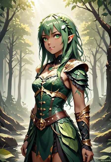 score_9, 1girl, Digital illustration featuring a fantasy-style elven character in a forest setting. The character is A 25-year-old goth darkelf with perfect face and perfect well-endowed hourglass figure lime green hair in long messy hairstyle. She is a darkelf with bleak dark skin and pointy ears, beautiful smile. she is dressed in full medieval-style armor, including shoulder plates, wrist guards, and a belt with a green cloth skirt adorned with various pouches and metal accents. The background is a lush, green forest with sunlight filtering through the trees, creating a mystical atmosphere. The character's facial expression is stern and determined, with green eyes and detailed tattoos on her arms.  WORLD MORPH LEAVES, RED LEAVES, DEAD LEAVES, PLANT GIRL, F41Arm0rXL