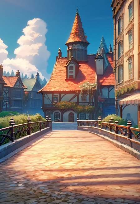 score_9, score_8_up, score_7_up, score_6_up, score_5_up, score_4_up, source_anime, official art, <lora:snowXLP:1> snow, outdoors, It is snowy, there is a lot of snow on the ground and buildings,  <lora:mondstadt_background-ponyxl-v11h:1>, city, mondstadt, scenery, architecture, outdoors, building, cityscape, house, sky, blue sky, tree, plant, cloud, road, bush, railing, lamppost,