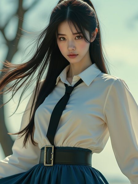 Realistic photograph, Movie light, film grain, close-up, upper body, face focus, long hair, dynamic angle, dynamic pose, A stunning real medium breasts woman with long, flowing dark hair, her piercing gaze directly addressing the viewer. High Fashion, A highly detailed, realistic digital photo of a 28 years old woman with a pale complexion, emphasizing her enigmatic and mystical aura, high resolution, rich textures, and contemplative mood. Her eyes are a deep piercing and  brown, dynamic, dramatic, haute couture, elegant, ornate clothing, dark straight hair with a few loose strands framing her face, against a light gradient background, necktie, skirt, ponytail, school uniform, shirt, looking at viewer, outdoors, white shirt, blue skirt, tree, cosplay, belt, The scene should take place during a sunny day with a warm and clear atmosphere. Incorporate sun flares or lens flares to add depth and interest to the image.
