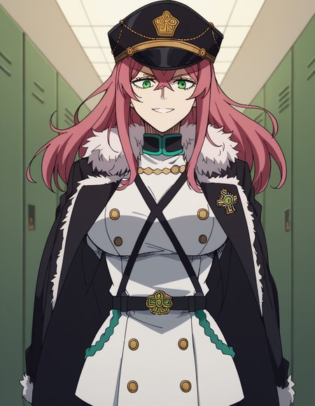 score_9, score_8_up, score_7_up, source_anime, <lora:princia-funnybunny-movie-ponyxl-lora-nochekaiser_r1:1>, princia funnybunny, long hair, green eyes, pink hair, red hair, crossed bangs, sidelocks, hat, jacket, belt, uniform, fur trim, military, military uniform, peaked cap, large breasts,, school hallway, lockers, between classes, everyday life, , smile, looking at viewer, solo,, dutch angle, cowboy shot
