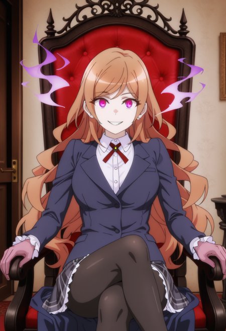 <lora:Eko:1>,eko,orange long hair,red eyes,solo,long hair,red eyes,
(Character), score_9_up, score_8_up, score_7_up, (Anime_source),Masterpiece, (Anime_source),Masterpiece, (incredibly detailed:1.4), slim, sitting on throne, castle room background, purple aura, glowing purple eyes, evil smile, looking at viewer.,