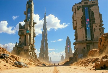 artilands02, v8s, In a forgotten desert city, decaying spires of metal and cracked stone jut from the sand like broken antennae, flickering with the dying pulse of obsolete tech. Once-futuristic skyscrapers now stand as glitching holographic ghosts of themselves—outlined in faint, unstable neon pinks and electric blues that sputter like failing cathode rays. Dust-choked streets hum with corrupted signals, broken signage buzzing in alien symbols and retro synthwave hues. The horizon stutters like a paused VHS frame—sandstorms loop and skip in pixelated static, briefly exposing skeletal monorail tracks and shattered chrome towers. Muted sunlight filters through a haze of analog distortion, bathing everything in an eerie, VHS-burned glow. Somewhere deep in the ruins, a low synth drone hums eternally, as if the city itself is trying to reboot.
