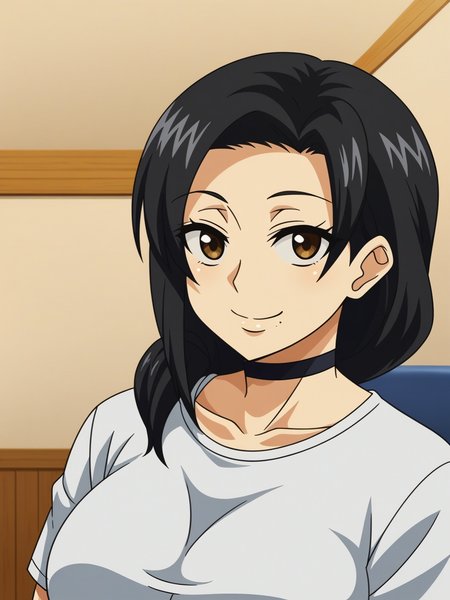 <lora:hitozuma6:0.8>,Tomoko,1girl,solo,black hair,brown eyes,choker,mole under mouth,breasts,t-shirt,upper body,looking at viewer,smile,indoors