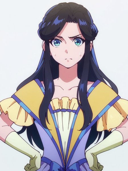 score_9, score_8_up, score_7_up,  
1girl, zenshu, black hair, long hair, french braid, parted bangs, 

purple dress, gown, gloves, frown, looking at viewer, upper body, hands on hips, white background,
