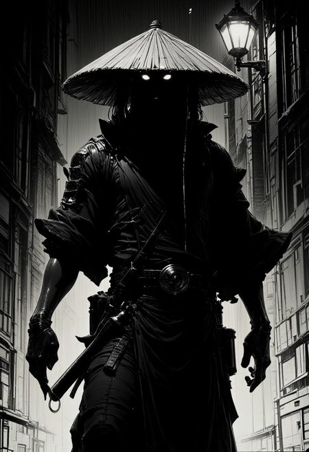 nistyle, monochrome manga sketch, A dark silhouette materializes at the end of an alley, the figure of a lone ninja cloaked in a tattered, flowing robe. His face is partially hidden by the brim of a straw hat, water cascading from its edge. The dim light from an overhead lamp glances off the polished hilt of a katana strapped across his back. His posture is tense but deliberate, as if he senses eyes watching him from the shadows. The raindrops drum on his hat, creating a rhythmic, echoing sound.. G0thicL1nes