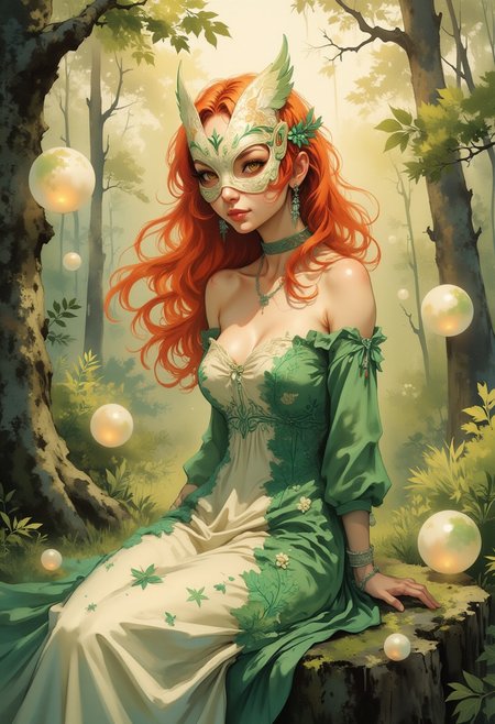 A dinkfsn style ink wash painting of a delicate, pale-skinned, smiling woman seated gracefully on a moss-covered tree stump in a tranquil forest setting. She has thick, full, very long and flowing, fiery-red hair cascading over her shoulders and down her back, contrasting beautifully with her white, porcelain complexion. Her big eyes and face are partially concealed by an ornate, white lace and metallic mask with intricate filigree patterns and small shimmering details, evoking mystery and elegance. She wears a flowing, embroidered green and ivory dress adorned with subtle floral patterns and emerald appliques, its lightweight fabric softly blows in the breeze while catching the light. The dress features off-the-shoulder sleeves and a modest neckline, exuding a vintage, fairy-tale aesthetic. Around her neck, she wears a delicate choker with a dangling star-shaped charm, enhancing her refined appearance. Her arms are behind her back as she stares at you with a mix of curiosity and shyness. Floating in the air around her are glowing, pearlescent orbs and globes, their soft light reflecting on her skin and dress, adding an element of enchantment to the scene. The forest background is lush and vibrant, with strong sunlight filtering through tall trees and on her back, casting dappled light onto the scene and creating a dreamlike atmosphere. The art style is hyper-realistic with a focus on fine details, textures, and soft lighting, emphasizing the ethereal quality of the figure.