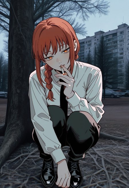 highres, greatscore, absurdres, masterpiece,  1girl, makima \(chainsaw man\), chainsaw man, (by agnes cecile, by kaneoya sachiko, by 96yottea, :1.2), gradient coloring, glowing coloring, aegyo sal,  head tilt,  half-closed eyes, red hair, yandere, <lora:ebenya:1> ebenya, outdoors, building, photo background,   <lora:illustriousXLv01_stabilizer_v1.152_1710796:1> half closed eyes, smoking, russian , <lora:noobai_vpred_1_masterpieces_v23:1> masterpiece, best quality, very aesthetic <lora:lowfi:1> lowfi,, tree, full body,