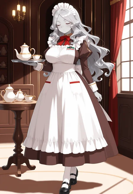 masterpiece,extreme detailed,indoor,mansion,table,full body BREAK trimmau_(fate),1girl,solo,closed mouth,closed eyes,long hair,grey hair,large breasts,maid,maid headdress,white apron,juliet sleeves,brown dress,grey skin,long sleeves,shoes,white pantyhose,black footwear,red bow,bowtie,bubble,<lora:trimmau-IL:1>,holding tray,teapot,teacup,