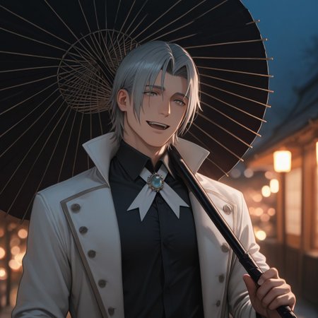 masterpiece, best quality, amazing quality, absurdres, newest, detailed background, definition so sharp, Ultra-HD, 8K cinematic, very awa, impressionate, amazing quality, highres, 
solo, male focus, manly, mature male, bara, bokeh, night, warm light, blurry background, outdoor, 
yashiroisana, 1boy, short hair, parted bangs, shiro_pretime, shiro_grey hair, shiro_grey eyes, white coat, black collared shirt, ribbon, brooch, oil-paper umbrella, holding umbrella, close umbrella,
smile, happy face, open mouth