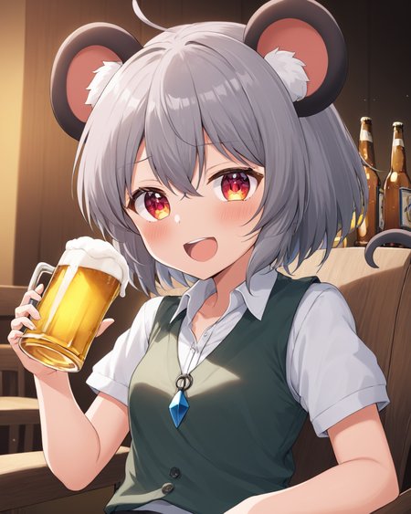 nazrin,1girl, open_mouth, mouse_tail, solo, white_shirt, blush, drinking_glass, holding_cup, drunk, looking_at_viewer, beer_mug, bottle, vest, collared_shirt, mouse_girl, chair, upper_body, beer, teeth, short_sleeves
<lora:nazrin_image9511_2023-12-20-000006:1>,star-shaped_pupils,symbol-shaped_pupils,. gorgeous,key visual, vibrant, studio anime,award-winning, professional, highly detailed,high budget, cinemascope