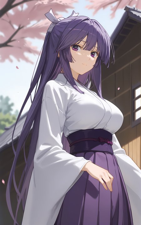 (score_9, score_8_up, score_7_up), looking at viewer, light smile, closed mouth, shiny skin, tight clothes,
ohwx, 1girl, solo, solo_focus, purple_eyes, long_hair, japanese_clothes, purple_hair, very_long_hair, breasts, ponytail, long_hair, breasts, large_breasts,
japanese_clothes, kimono, sash, kimono, skirt, hakama, hakama_skirt, purple_hakama, white_kimono,
blurry background, from side, cowboy shot, dutch angle, log cabin, cherry blossoms,
 <lora:miya_asama_pony_ss-000002:1>