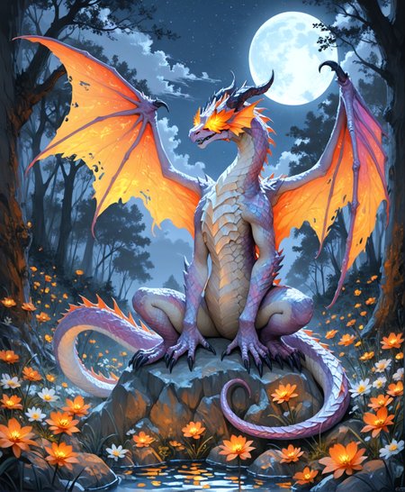 masterpiece, best quality, amazing quality, very aesthetic, perfect eyes, Sinozick_illu, crestyle, Sinozick_illu, gr4ph1t3,
,solo, tail, flower, outdoors, wings, horns, sky, cloud, water, tree, no_humans, night, glowing, moon, star_\(sky\), nature, night_sky, claws, full_moon, starry_sky, dragon_horns, rock, dragon, scales, orange_flower,A digital painting of a purple dragon with orange wings, sitting on a rock in a moonlit forest. The dragon has a scaly, textured scales and a long, curved tail. The background features a full moon, surrounded by vibrant flowers in shades of orange, yellow, and pink. The lighting is soft and ethereal, creating a serene and magical atmosphere. The style is detailed and realistic, with a fantasy theme.
