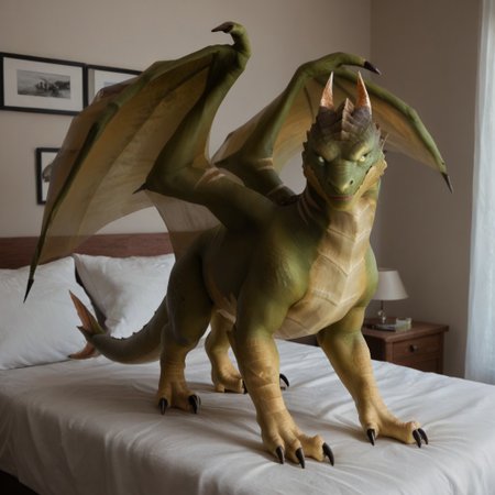 score_9, score_8_up, score_7_up, score_6_up, score_5_up, score_4_up, masterpiece, high quality, realistic, detailed, best quality, white bed, solo, rating_safe, source_furry, bedroom, smiling, seductive, looking at viewer, standing, on fours, feral, detailed eyes, netherdrake_wc, dragon, scales, wings, forked tail, claws, glowing eyes, yellow scales, translucent scales