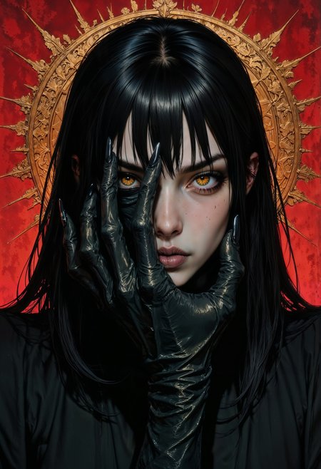 a highly detailed, dark, and eerie digital artwork depicting a young woman with an unsettling and mysterious aura. She has long, straight, black hair that is wet, giving it a glossy and slick texture. Her skin is pale, almost porcelain-like, and she has sharp, angular features with high cheekbones and full lips painted in a muted, almost greyish hue. Her eyes are strikingly large and golden, with an unnatural, glowing quality that adds to the supernatural feel of the piece. One of her eyes is covered by a long, black, claw-like glove that extends from her hand, which she is holding up to her face in a gesture that seems both defensive and confrontational. The glove is detailed with a leathery texture, and the fingers appear to be razor-sharp.
The background is a solid, deep red color with a golden, ornate circular design behind her head, adding a sense of divinity or otherworldliness. The red and gold contrast sharply with the dark tones of her hair and glove, making her the focal point of the image. The overall mood of the artwork is haunting and enigmatic, with a gothic, horror aesthetic.