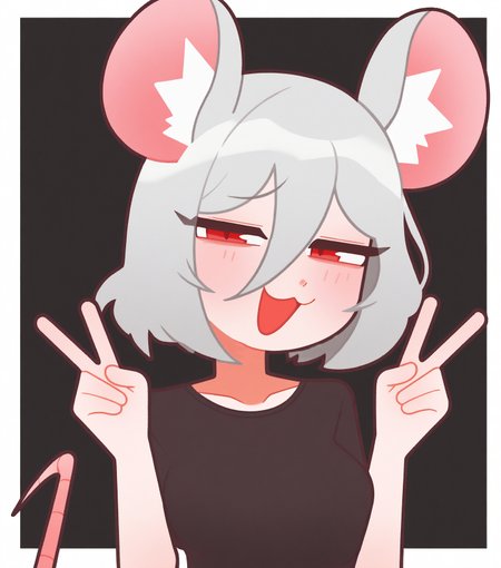 masterpiece, best quality, good quality, simple background, black background, white border, outside border, upper body, looking at viewer, red eyes, grey hair, hair between eyes, open mouth, smile, smug, narrowed eyes, :3, solo, 1girl, bob cut, mouse girl, mouse ears, mouse tail, animal ear fluff, medium breasts, black t-shirt, hands up, double v