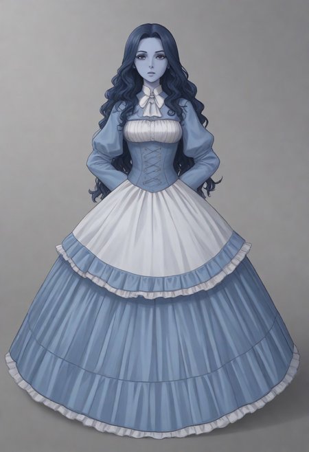 1 girl, frankelda, 1 girl, blue hair, long hair, curly hair, blue skin, striped longsocks, victorian dress