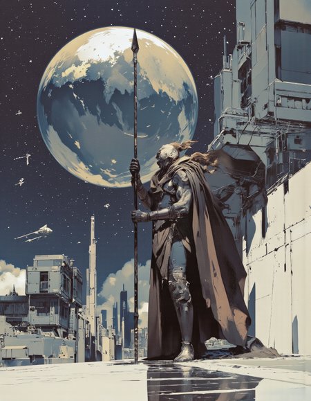 Art by Piotr JabÅoÅski. A dramatic digital illustration shoot from a low-angle perspective about a humanoid figure standing with a spear in front of a large, glowing planet in a starry night sky. the image also shows a dramatic scene with a large sphere floating above the figure. on the middle of the image, a muscular, humanoid figure with long, flowing hair appears to be standing, holding a spear, facing away from the viewer. the figure is wearing a long, dark cloak and has a determined expression on its face. it is standing on a reflective surface, surrounded by a dark, starry sky with a few clouds and distant spacecrafts in the distance. the scene is set in a futuristic cityscape with metallic structures and a distant planet in the background. the lighting is dramatic, casting shadows and highlights on the figure and the surrounding environment. the overall atmosphere is dark and moody, with a focus on the character and the planet.