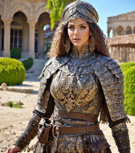 RAW photo, (masterpiece:1.3), subsurface scattering, heavy shadow, (high quality:1.4), (intricate, high detail:1.2), professional photography, HDR, High Dynamic Range, realistic, ultra realistic, photorealistic, high resolution, film photography, ambient lighting, atmospheric effects, <lora:detail_slider_v4:2>, OverallDetail,  <lora:BootyLatina:1>, bootylatina, earrings, dark makeup, jewelry,  <lora:ArabianArmor:0.7>, arar, bronze scale armor, belt, headwear, closed mouth, simple background, looking at viewer, male focus, outdoors, solo,