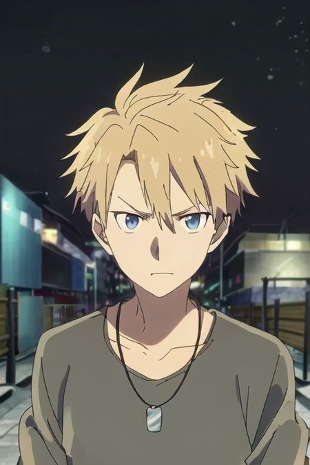 high resolution, professional photography, solo, best quality, 1Boy, Yamato Ishida, Blond Hair, Deep Blue Eyes, Necklace, potrait, midnight, big city, dim street lights, dirty, cold, tense, mysterious, sharp eyes, merciless, threatening, weapon, aiming the weapon at the viewer, OverallDetail
