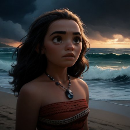 score_9, score_8_up, score_7_up, score_6_up, score_5_up, score_4_up, MoanaM, standing on the beach, stormy weather, dark sky, waves, portrait, necklace