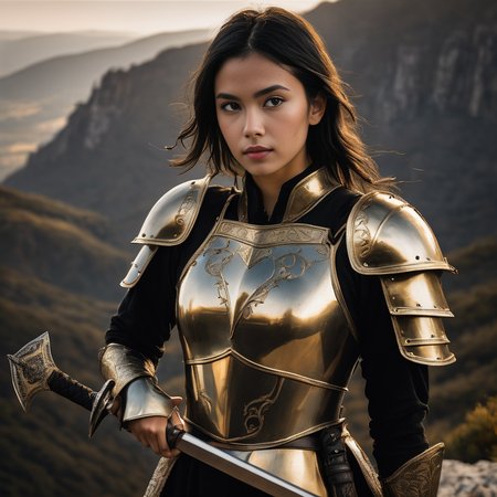 a (documentary photography:1.2) photo of beautiful pensative young slim brunette girl with middle black bob hair with ponytail,((wearing a huge golden gothic armor holding a large sword)), standing with a sword, upper body framing, on the Mountain edge of a cliff on the background, edge lighting,  from a low angle , shot on Hasselblad X1D II, (in style of Paul Barson:1.4),dslr, 8k, 4k, ultrarealistic, realistic, natural skin, textured skin