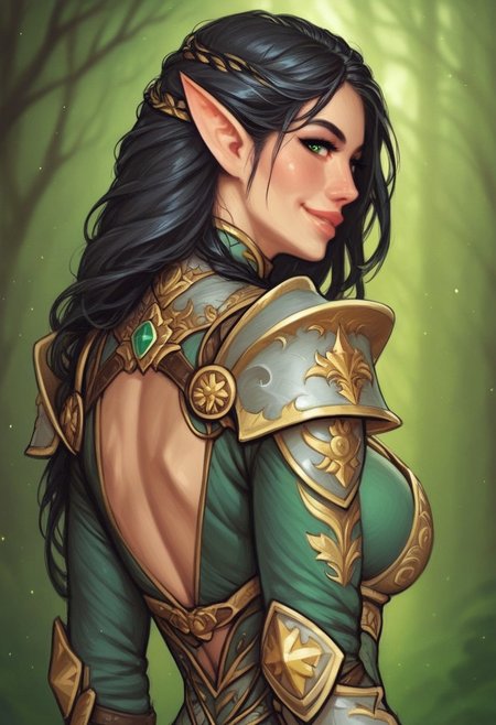 1girl, (((back view))), from front, 1girl, illustration, comic style, highly detailed, skinny, model body, looking at viewer, 1girl, masterpiece, best quality, naestra, solo, pointy ears, black hair, long hair, elf, 1girl,  green eyes, half face mask, <lora:Naestra:1.3>, (((dynamic pose)))
BREAK
(((Warhammer Fantasy Battle style)))
((Elven gold Lamellar armor)), green clothes, ((((elven sword in hand)))), dynamic pose, ready to fight
BREAK
slight smile, looking at viewer
long hair, black hair, big hair, green eyes
best quality, depth of field, bokeh, (((full clothed))), dynamic pose
BREAK 
(wild forest:1.2) score_9, score_8_up, score_7_up, score_6_up, source_cartoon, rating_explicit, Expressiveh, ((((upper body))))), dynamic pose, dynamic pose