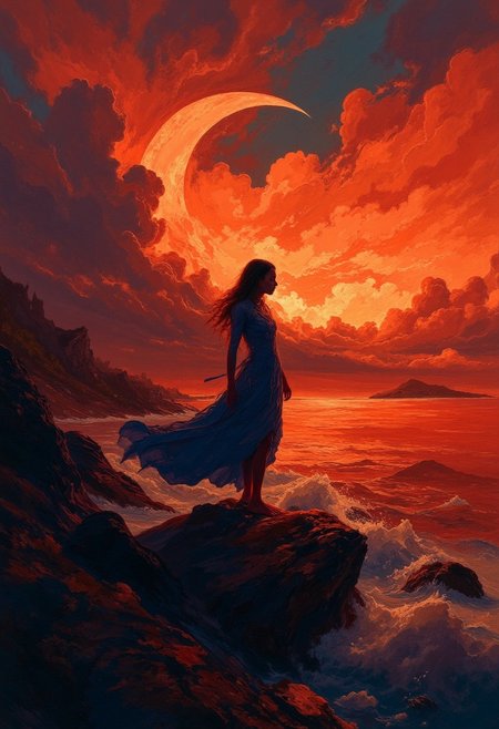 A breathtaking, cinematic photograph  of a solitary woman standing on jagged rocks at the water's edge, silhouetted against a vibrant sky ablaze with fiery reds and oranges, streaked with soft, swirling clouds and a glowing crescent moon. Her flowing dress moves gently in the wind, her arms outstretched in an evocative gesture of longing and connection. The dramatic lighting intensifies the contrast between the blazing warmth of the sky and the deep, shadowy blues of the rocks and water, adding depth and heightened emotion to the scene. Bold rim lighting bathes her silhouette in a fiery glow, emphasizing her presence and creating striking separation from the vivid background. The water reflects the intense hues of the sky, shimmering with molten tones that draw the viewer’s eye toward the horizon. In the background, faint outlines of distant rocks and trees add texture and mystery, completing this surreal yet emotionally charged visual narrative. Conceptual, cinematic, vibrant. vantablack DB4RZ DB4RZ style painting