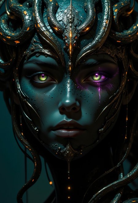 This image features a close-up of a goddess with snake-like hair, blending dark fantasy and surreal beauty. Her face, both entrancing and fearsome, is framed by writhing serpents, each one a continuation of her body, their scales shimmering in shades of deep emerald and gold. Her eyes, a mixture of hypnotic purple and green, draw the viewer in with a predatory allure, glowing with a mystical energy that radiates power. The texture of her skin, dark and cracked like ancient stone, bears flecks of silver and gold that shimmer faintly, adding to her otherworldly presence. The snakes move restlessly, adding a sense of danger to her already commanding figure. Her skin appears both decayed and ethereal, with cracks revealing an inner light that hints at the ancient magic she holds. Shadows dance across her face, emphasizing her haunting beauty. Metallic threads flow from her eyes like cursed tears, adding to the eerie elegance of her visage. The deep blues and blacks of the background enhance the focus on her glowing, mesmerizing eyes and the serpents coiling around her head, creating a sense of danger, mystery, and dark allure. The overall mood is hauntingly captivating, combining beauty and terror in a way that lures the viewer into her powerful, enigmatic gaze.