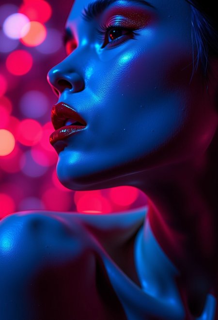 A close-up shot, portrait orientation, of an androgynous figure against a vibrant blurry night club background. The lips are painted a hyper realistic, glossy dark glittery red, contrasting sharply with the cool tones of theskin.  The lighting is ethereal and otherworldly, casting subtle shadows and highlighting the texture of the skin. The overall effect is alluring and seductive
