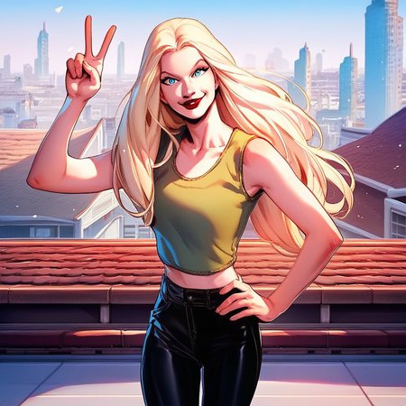 score_8, score_8_up, score_7_up, official art, 1girl, female focus, solo, SSMC2, blue eyes, blonde hair, long hair, red lips, green tank top, black pants, cowboy shot, looking at viewer, smile, standing, V, hand on own hip, outdoors, on roof, cityscape