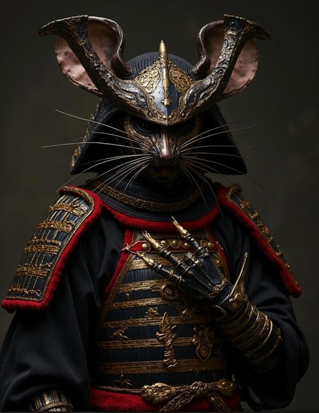 <lora:Dark_Fantasy_Anime-000021.safetensors:1> insect-like, mystical, twisted and dark, exuding power and mystique. The overall composition is a masterful blend of fantasy and style, inviting the viewer to ponder the story behind this enigmatic creation.
This exquisite cosplay armor boasts a full-body mouse mask seamlessly integrated with intricately designed samurai armor adorned with gold accents and red velvet trim. Handcrafted with meticulous attention to detail, this unique piece features ornate decorations, lifelike whiskers, and delicate finger details. Perfect for conventions, themed events, or photo shoots, it is an unparalleled creation that redefines the art of cosplay.