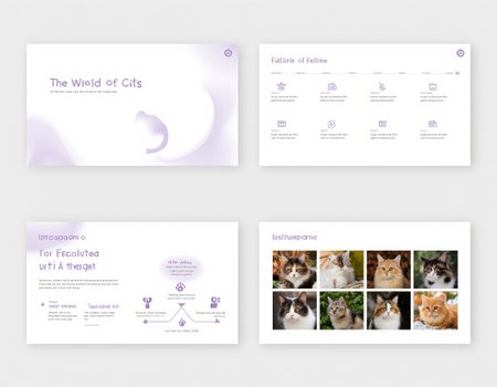 This set of four images showcases a sleek and elegant PowerPoint template for a feline-themed presentation; [IMAGE1] features a cover slide titled âThe World of Catsâ with a minimalist cat silhouette against a soft gradient background; [IMAGE2] organizes sections such as âBreeds,â âCare Tips,â and âBehaviorâ with paw print icons; [IMAGE3] presents an infographic on the evolution of domestic cats with a timeline; [IMAGE4] highlights a gallery of beautiful cat images with captions describing their unique traits and origins.