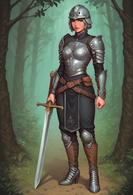 score_9, score_8_up, score_7_up, score_6_up, score_5_up, score_4_up, rating_safe, masterpiece monet painting, aaLinBeiFong, green eyes, short hair, grey hair, scar, armor, black uniform, lipstick, (big sword and opened medieval helmet:1.5), 
(((full-clothed))), 
BREAK 
(birch forest background:1.4) score_9, score_8_up, score_7_up, score_6_up, source_cartoon, rating_explicit, Expressiveh, (((((full body))))), dynamic pose