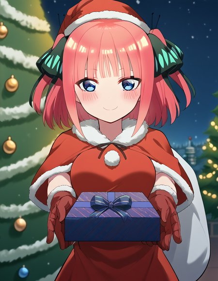 score_9, score_8_up, score_7_up, source_anime, <lora:nnakano-s2-ponyxl-lora-nochekaiser:1>, short hair, bangs, blue eyes, hair ornament, hair ribbon, pink hair, blunt bangs, two side up, butterfly hair ornament, large breasts,, <lora:santa-costume-ponyxl-lora-nochekaiser:1>, santa costume, santa hat, christmas, sack, merry christmas, gift, fur-trimmed headwear, holding sack, santa dress, fur-trimmed dress, christmas tree, christmas tree, fur trim, red capelet, gift box, red gloves, fur-trimmed capelet, santa gloves, red hat, hat,, smile, blush, looking at viewer, <lora:incoming-gift-ponyxl-lora-nochekaiser:1>, incoming gift, outstretched arms, holding, holding gift, gift, gift box,,