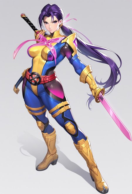 (score_9, score_8, score_7), masterwork, masterpiece, psylocke, 1girl, solo, beautiful eyes, beautiful face, detailed eyes, detailed face,
long purple ponytail, serious look, yellow armored boots and gloves, glowing pink chest insignia, red belt, cyber armor suit with sleek black and pink contour panels, anime hero design, full body. tight blue and yellow bodysuit, glowing pink butterfly symbol on chest, red X-emblem belt, metallic yellow gauntlets and boots, pink mesh panels on thighs, black contour lines on hips and torso, standing pose, confident expression, arms raised in preparation, sword ready pose, glowing pink sword hilt, yellow and blue bodysuit, bright pink accents, anime superhero look, dynamic lighting, front combat stance