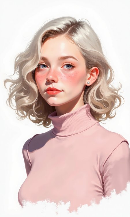 Close-up of a digital illustration or painting. 
A young woman with shoulder-length, wavy, light-white/platinum blonde hair, and a light pinkish-rose/nude colored turtleneck sweater is the central figure. 
Her facial features are softly highlighted, with rosy blush on her cheeks and a light pinkish-red lipstick on her lips. Her eyes are a light grayish-blue color.  She has a neutral expression, neither smiling nor frowning. 
The hairstyle has a slightly tousled look, with the curls varying in size.
The turtleneck sweater is a smooth, light pink color, with subtle shading and folds that suggest texture. 
The background is plain white, with no other elements.
The style of the piece is likely digital art, given the exaggerated soft lighting, the smooth shading on the skin, and the detailed hair.
<lora:FLUX-daubrez-DB4RZ-v2:1> DB4RZ, DB4RZ style painting