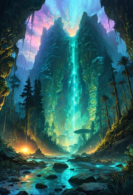 (by Ellen Jewett:1.5), (Bioluminescent Impressionism, Egyptian landscape, The Dreamland, PAcific Northwest, forests, rock, greatCascades Mountains, , techno towers with great beams of light shooting up into the sky,  sky sunset, sunrise ,waterfall, ethereal landscapes, depth of field, biotech emotion:1.3) <lora:xl_more_art-full_v1:0.5> <lora:add-detail-xl:1> <lora:RMSDXL_Creative:2>