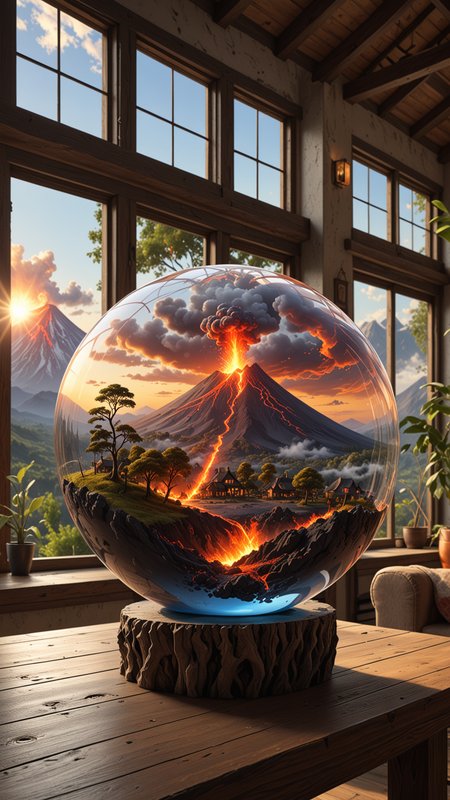 a glass sphere, inside the sphere is landscape  with a volcano erupting flames, at the foot of the volcano is a village trees, on a table in the living room, soft natural lighting, landscape, large glass sphere, epic scene, UHD , <lora:3D_Framed_Wall_Art_-_By_DICE:0.7>, (framed 3D, village), UHD
