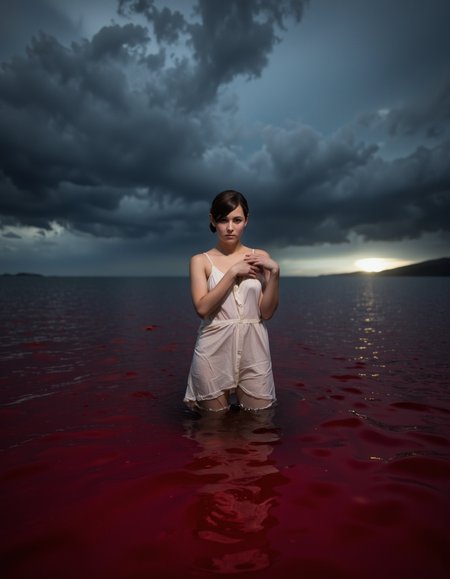 By Ibai Acevedo. A photo-realistic shoot from the front about a lone figure standing in the middle of a vast expanse of water under a dark, stormy sky, illuminated by a beam of light on the right side of the image. the image also shows a serene atmosphere and a sense of calmness. on the center of the frame, a young woman, who appears to be in her early twenties, stands with her arms crossed, looking directly at the viewer with a serious expression. she has short, dark hair and is wearing a white dress that is partially submerged in the water. her body is slim, and she has bare shoulders. the woman is standing in shallow water, with her feet out of frame, and her hands are clasped together in front of her. the water is a deep, reddish-purple color, and the sky is filled with dark, ominous clouds. the overall mood is eerie and moody, with a focus on the woman's calm and serene expression.