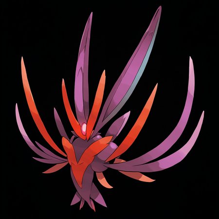 <lora:pokemon_pony_xl:1>, watercolor creature art like pokemon, Type: Bug, Type: Fire, Egg Group: No eggs discovered, is a pokemon creature that The animal's whiskers are tipped with Teal that light up when it navigates through Dragon environments,The animal's mating dance involves a complex sequence of Purple flashes produced by its body,Its hind limbs contain pockets of Dark Fairy gas, enabling brief bouts of flight,It has a Magenta aura that forms a shield around its body when it senses danger an instinctive protector,Horns that curl into Orange spirals, a crown bestowed by nature to mark its sovereignty over the land it roams score_9, score_8_up, score_7_up, score_6_up, score_5_up, score_4_up.  Simple black background, (Masterpiece:1.3) (best quality:1.2) (high quality:1.1)