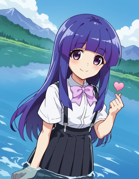 score_9, score_8_up, score_7_up, source_anime, <lora:rika-furude-s4-ponyxl-lora-nochekaiser:1>, rika furude, long hair, bangs, blue hair, purple eyes, blunt bangs, purple hair,, skirt, shirt, bow, school uniform, white shirt, short sleeves, pleated skirt, bowtie, black skirt, suspenders, pink bow, suspender skirt,, lake, water, reflection, mountains, calm, , <lora:finger-heart-ponyxl-lora-nochekaiser:1>, finger heart, heart, blush, smile,, looking at viewer, solo,, dutch angle, cowboy shot