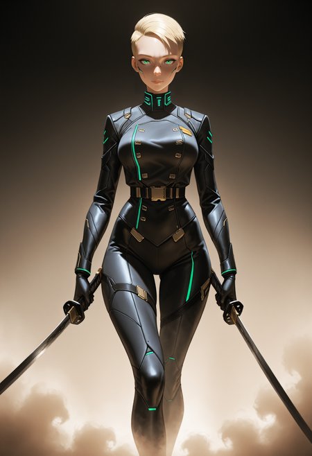 masterpiece, best quality, amazing quality, very aesthetic, absurdres, newest,
<lora:ILCyberSandraDorsett:1.0>
CyberSandraDorsett, 1girl, blonde hair, short hair, green eyes, looking at viewer, standing in the dense fog of the Midnight Channel, his katana drawn, with faint silhouettes of Shadows surrounding him.