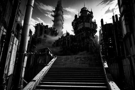 highly insanely detailed, masterpiece, top quality, best quality, highres, 4k, 8k, RAW photo, (very aesthetic, beautiful and aesthetic),  
tsutomu nihei,nihei_tsutomu,blame!,blame gakuen!,abara,TNstyle,sidonia_no_kishi,(hangar,city ruins,stairs,megastructure in background,tower),fence,bones,ventilation fan,ventilation shaft,lantern,cables,tubes,industrial pipes,clouds,dark sky,black sky,letterboxed,empty,flock,decrepit, 
<lora:ABARA:0.6>, 
(1girl:1.3), 
solo focus, 
cloud city,cloudtop sky-city,âââ