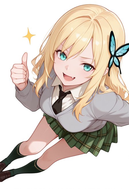 Smooth Quality,masterpiece,very intricate, high quality details, ultra realistic, high detailed skin,detailed enviorement,absurdres,
thumbs up,:d, 
 <lora:Sena_Kashiwazaki_CNR:0.8> sena_cnr, 1girl,blonde hair, long hair, aqua eyes, fang, medium breasts, butterfly hair ornament,
st. chronica academy school uniform,black necktie, green skirt, loafers, kneehighs,, simple background, white background, sideways,solo,, rape face,color drain,