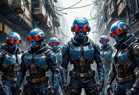 cyberpunk gigagachad dystopia featuring an army of cybernetically enhanced gigachads with bionic enhancements wearing blue jeans,masterpiecem,epic,cinematic film still