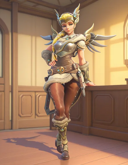 Masterpiece, high-res, 2k, best quality, 2.5d, 1girl, valkyrie mercy, mercy (overwatch) <lora:valk_mercy_illus-000043:1> Elegant Sway with One Leg Extended: Sway your hips gently while extending one leg creating a pose that exudes grace and elegance., Fairy dance in a moonlit glade with ethereal music.