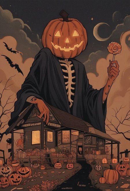 score_9, score_8_up, score_7_up, score_6_up, hllwn, halloween, vintage, jack-o'-lantern, halloween, pumpkin, food, solo, candy, holding, moon, robe, sky, night